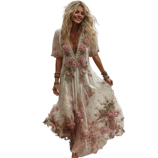 Damen Blumenmuster Maxikleid Kurzarm V-Ausschnitt Schwingkleid Boho Fließendes A-Linien-Kleid Lässiges Abschlussball-Party-Hochzeitsgast-Kleid