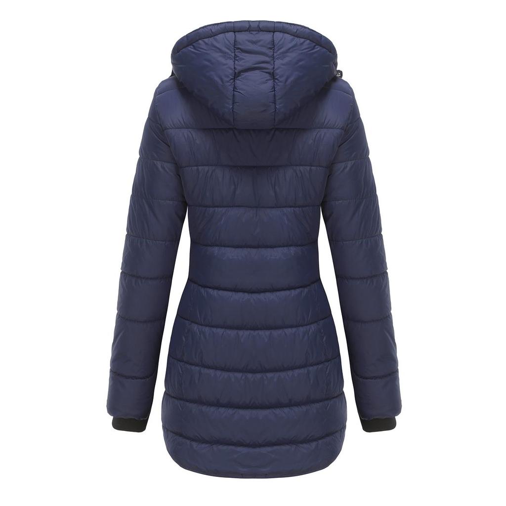 Women’s Hooded Jacket Cotton Padded Light Rain Water Resistant Zipper Closure Windproof Puffer Coats Hidden Side Pockets Winter Long Outwear
