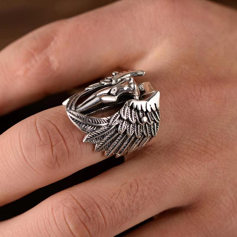 Huajie Men's Charming Cross Angel Wings Rings Classic Retro Banquet Party for Men Delicate Unisex Ring Trend Tide