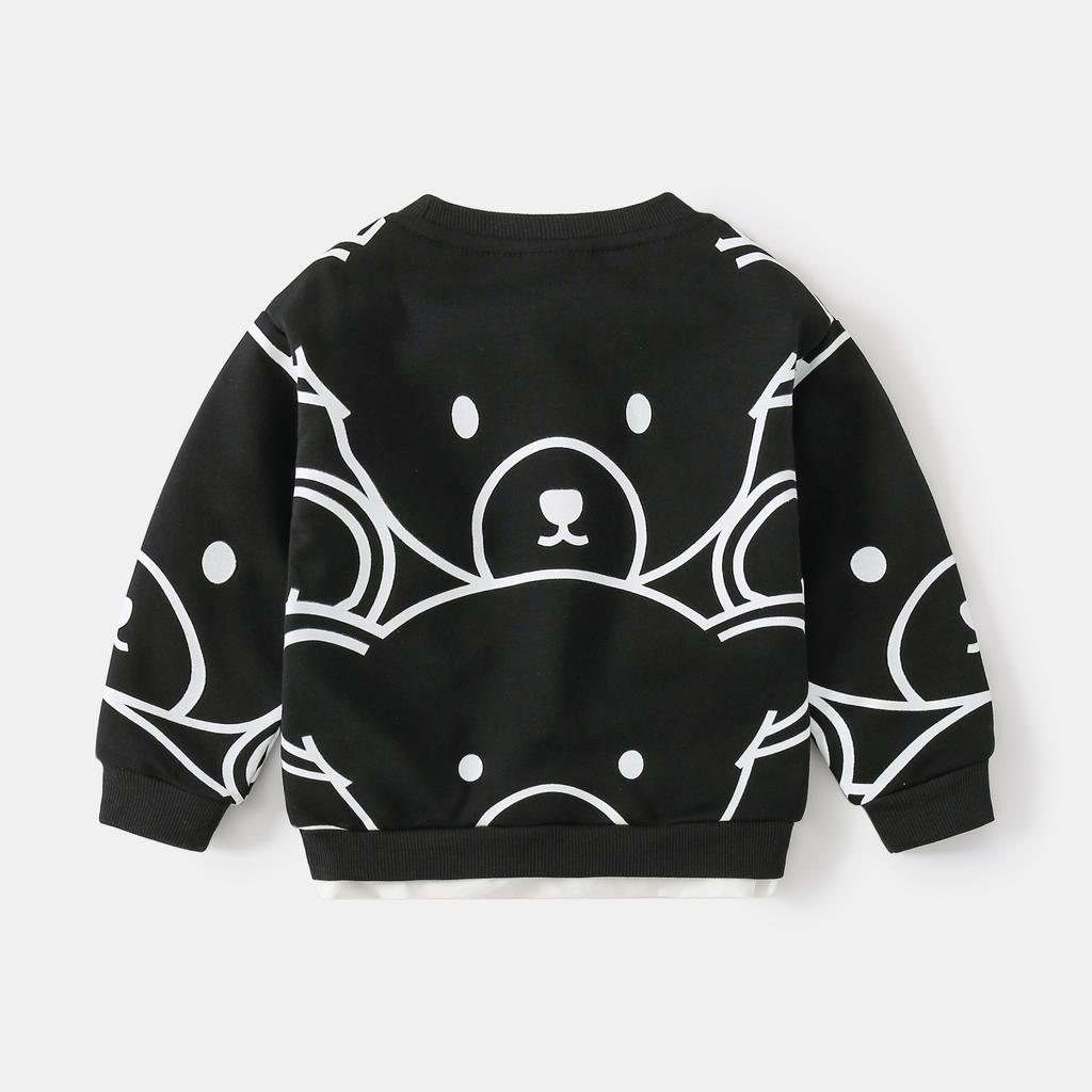Autumn Trend Boys Sweater Monochrome Cartoon Bear Casual Top Crew Neck Cotton Long Sleeve Children's Pullover