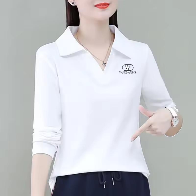 Spring Autumn Women's Long Sleeve Polo Shirt Plus Sizes Slimming Effective Fashion Versatile Top for Ladies