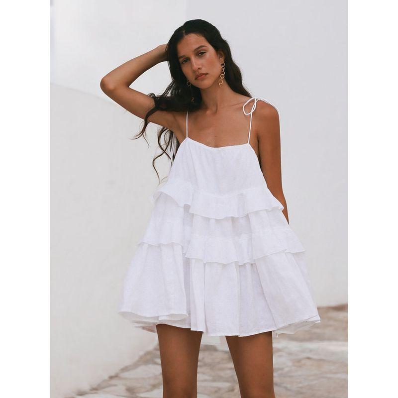 French White Ruffled Spaghetti Straps Dress Female 2024 Summer New Sexy Open Back Small Holiday Short Dress