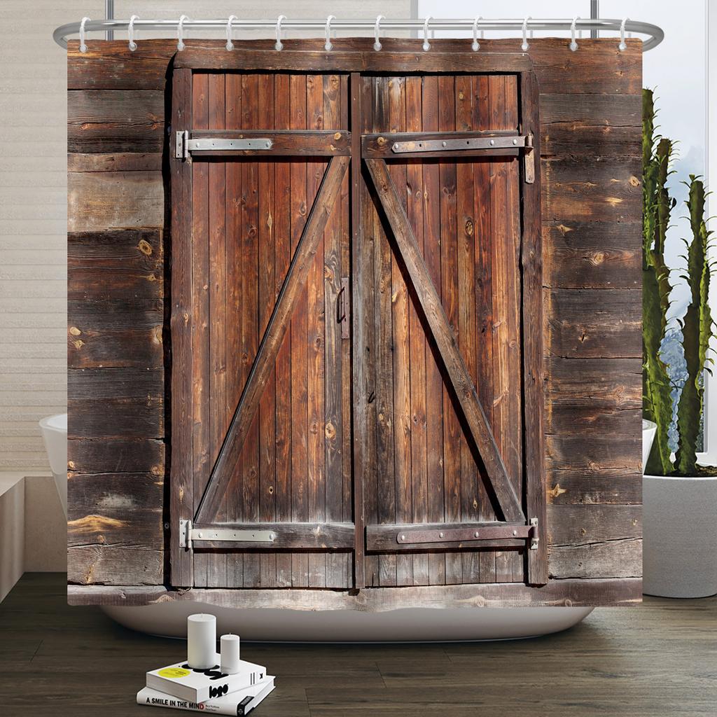 Retro Wood Door Shower Curtain Farmhouse Country Vintage Farm Barn Wooden Waterproof Polyester Shower Curtain for Bathroom Decor