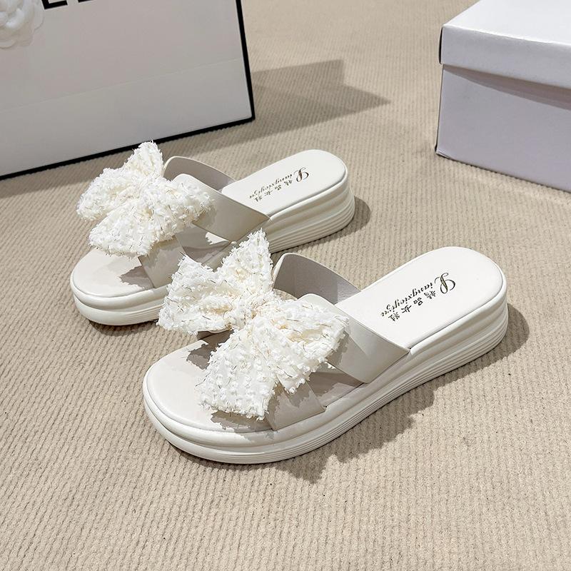 

Solid color cool slippers 2025 summer new fashion versatile slippers muffin shoes open-toe bow beach cool slippers 40 бежевый