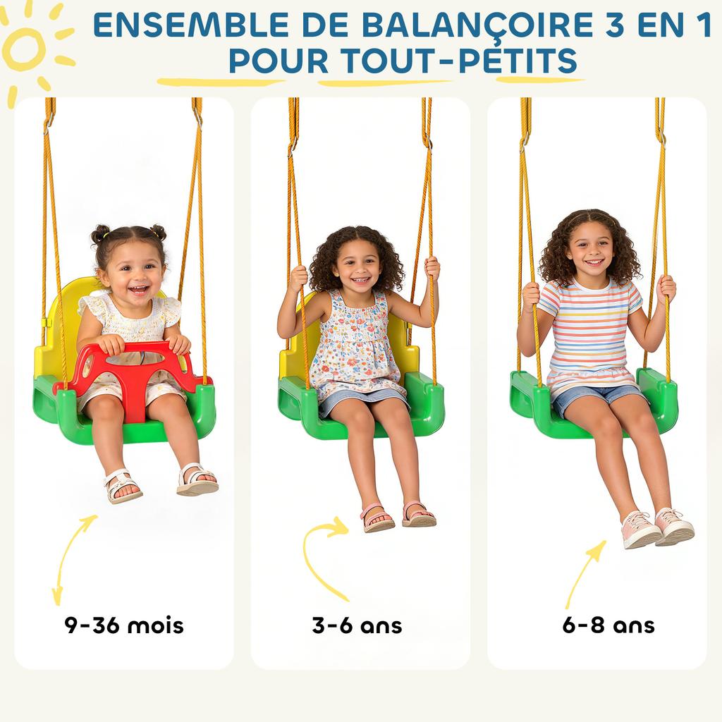 Children's Swing Set, 3-in-1, Foldable, Adjustable Seat, Multicolor