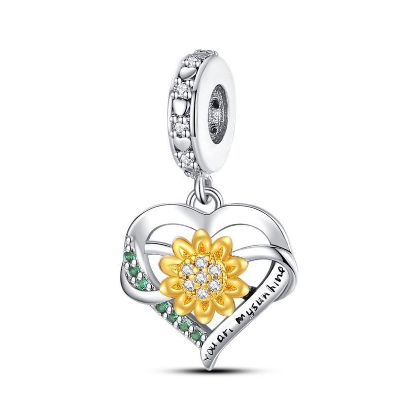New 925 Silver Fashion Golden Sunflowers Heart Charms Beads Fit 925 Bracelets Luxury Party DIY Jewelry