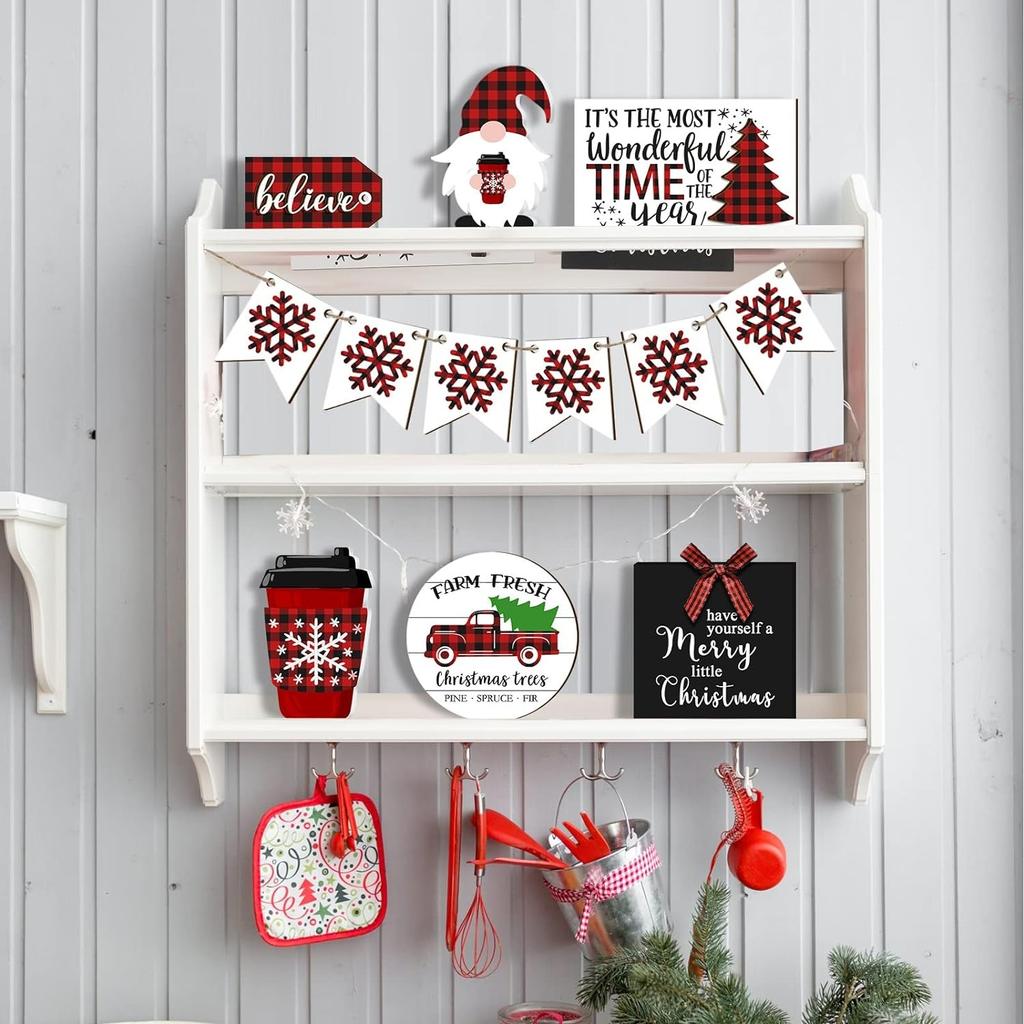 Christmas Decoration For Tiered Tray Christmas Table Sign Decor Tabletop Wooden  Indoor Winter Farm-house Home Party House Shelf Decoratio
