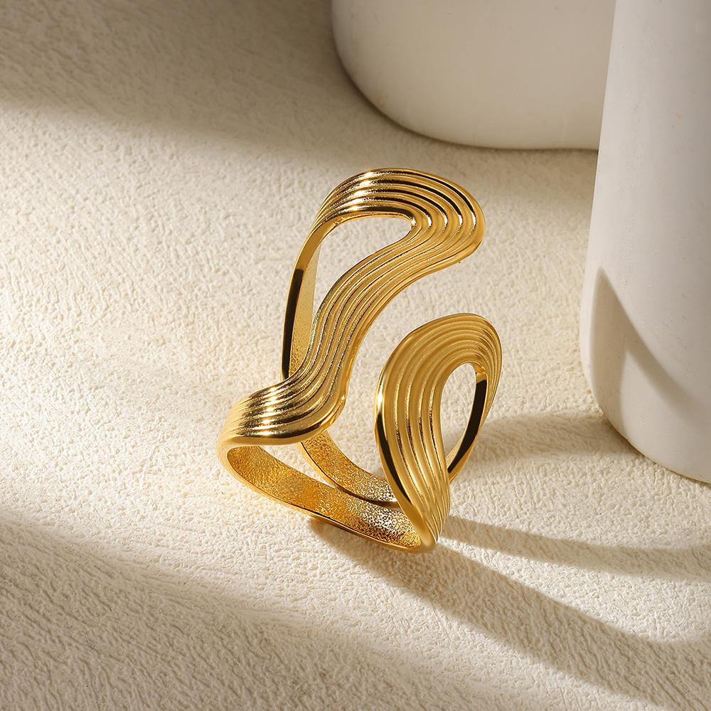 Stainless Steel Punk Irregular Wave Broad Surface Ring For Women Creative Gold Color Open Rings Waterproof Finger Jewelry Gifts