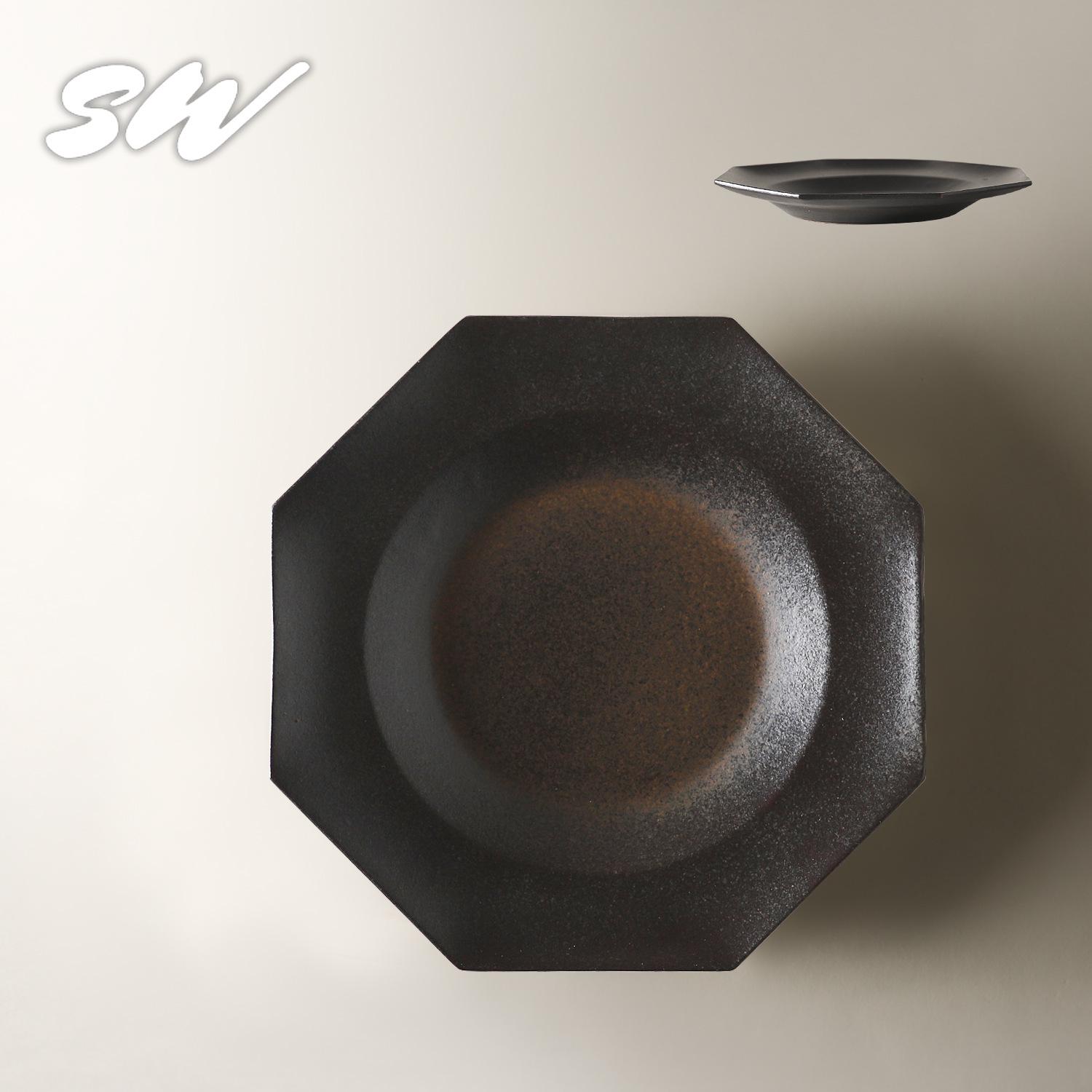 Three Fog Japanese Octagonal Ceramic Steak and Salad Plate - Retro Solid Color Dinnerware