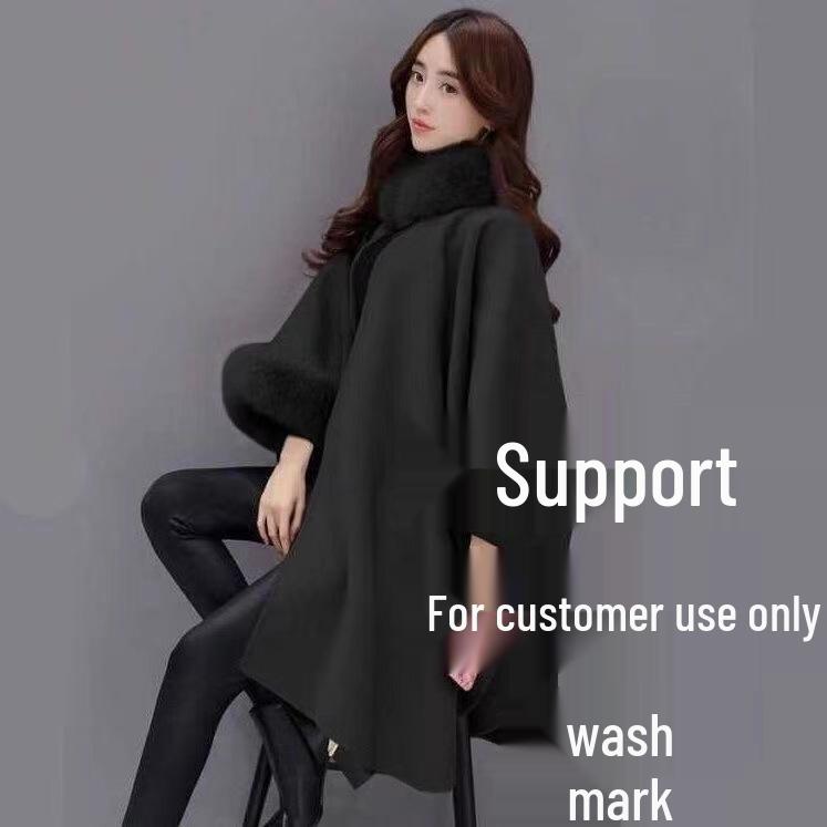 

Вовняне пальто середньої довжини з великим коміром з кролячого хутра - Осінь/Зима, стиль накидки One Size чорний