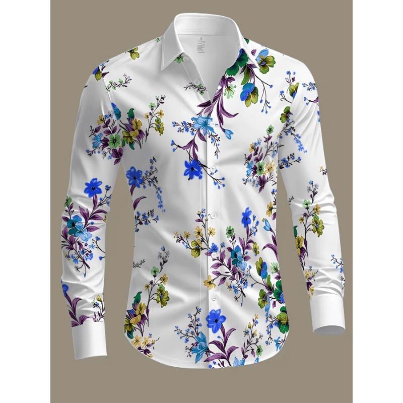 Nuova Camicia da Uomo a Maniche Lunghe Estiva, Vivace Fantasia Floreale, Fioritura Primaverile Romantica Confortevole, Camicia Stampata Casual e Versatile Top da Uomo