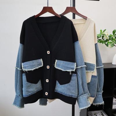 Höst och vinter ny sömdenim stickad kofta designkänsla lös casual lat vind tröjjacka dam