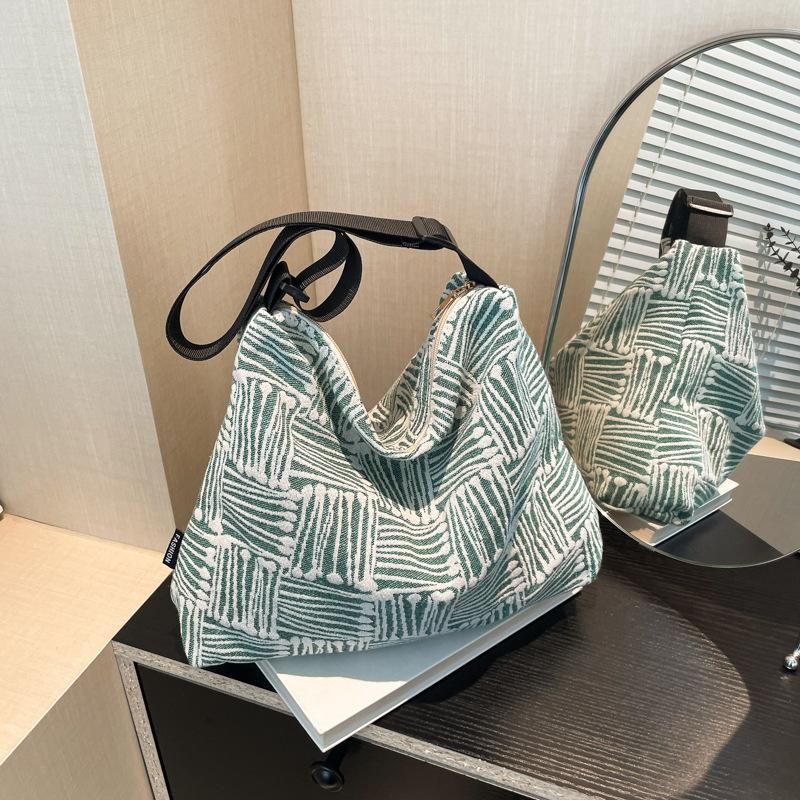 Cloth bag 2025 autumn new large-capacity canvas high-value plaid wide shoulder strap single shoulder messenger tote bag