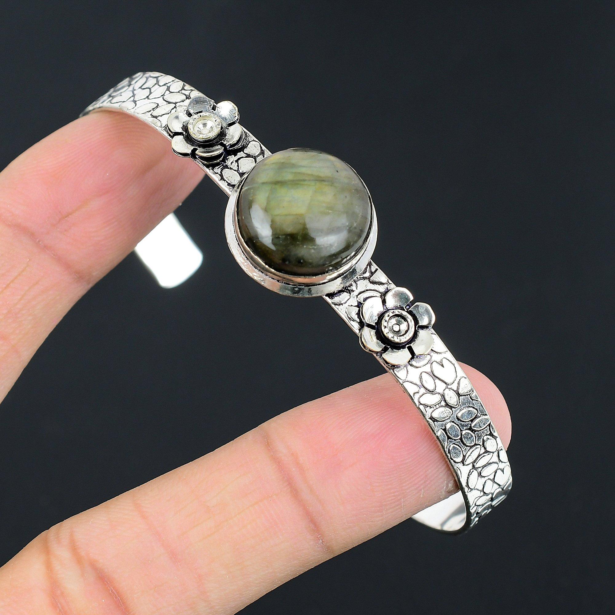 

Natural Labradorite Flower Wife Anniversary Boho New Bangle Bracelet 925 Silver Adjustable