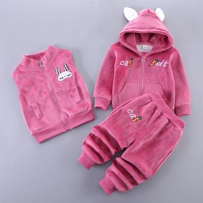 Boys Girls Winter Clothing Velvet Hooded Jacket and Vest Coat and Trousers Cotton Suit Baby 3-Piece Sets for 0-4 Years Old