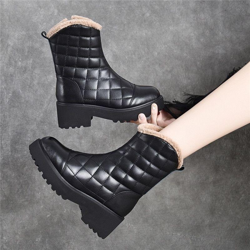 

Coarse Heel Snow Boots Women s Soft Leather Fleece Short Boots Women s Low Heel Medium Boots Winter Thickened Boots Wool Boots 40