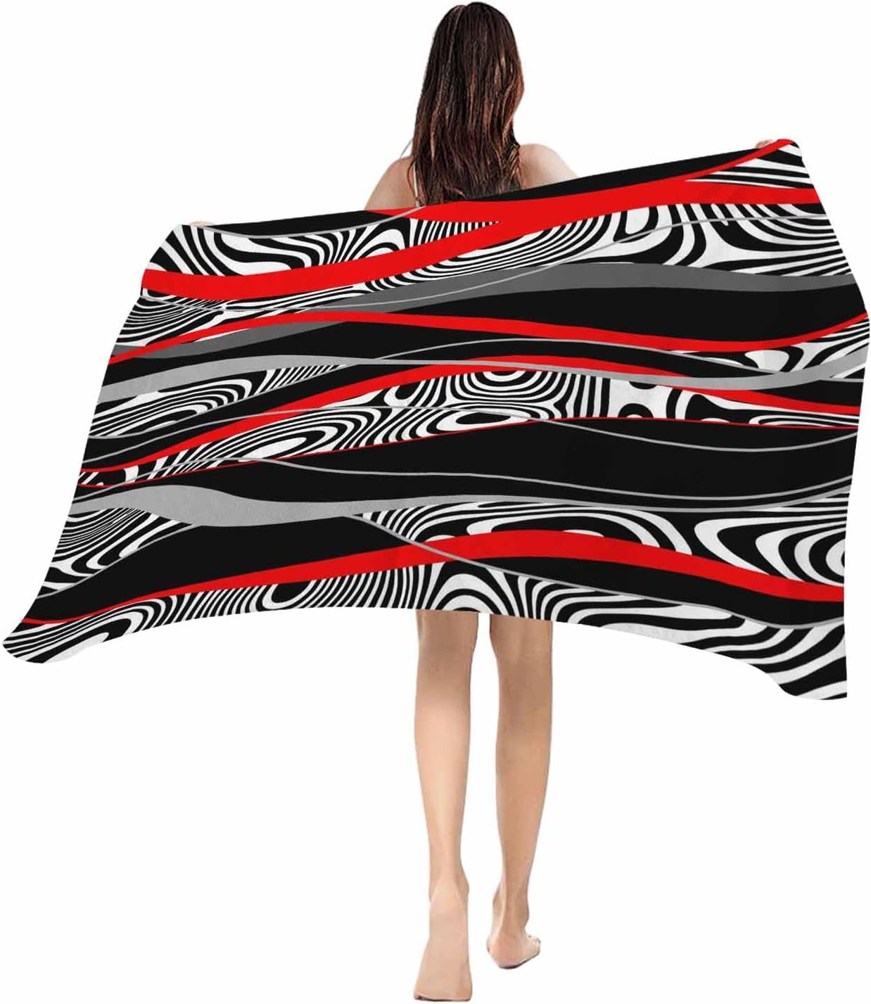 

Beach Towel Abstract Lines Bath Pool Towels Red Black Geometric Soft Absorbent Beach Towel Lightweight Large Quick Dry Swim W30*H60(CM)