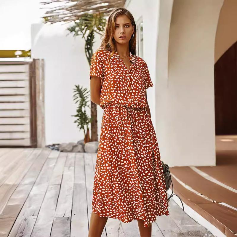 fashion women's clothing, Amazon's summer polka dot short-sleeved medium and long dress