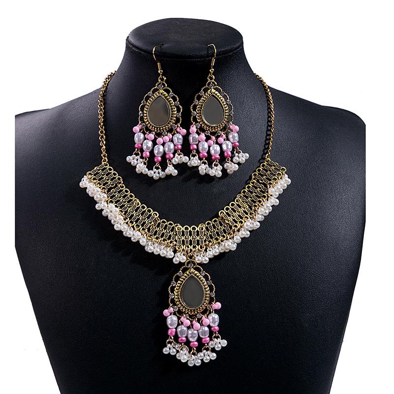 Bohemian Crystal Jewelry Set: Ethnic Tassel Necklace & Earring with Rhinestones