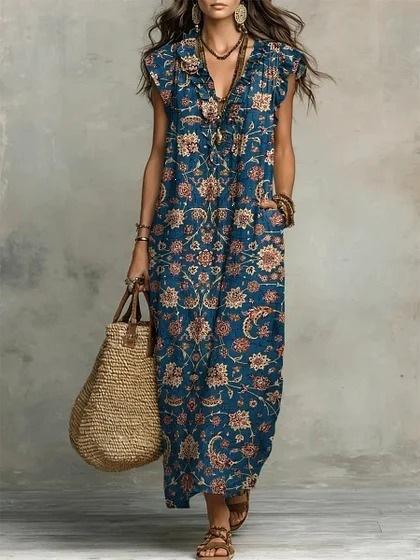 Old big floral dress V-neck ruffle edge sleeveless pocket loose holiday dress S
