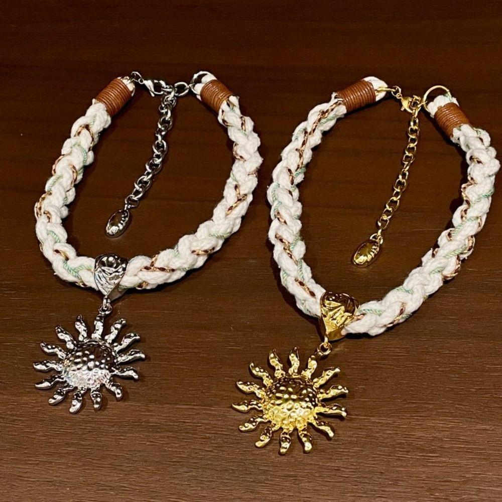 Charm Sunflower Pendant Necklace Exaggerated Wide Clavicle Chain Retro Rope Weave Choker  Vacation