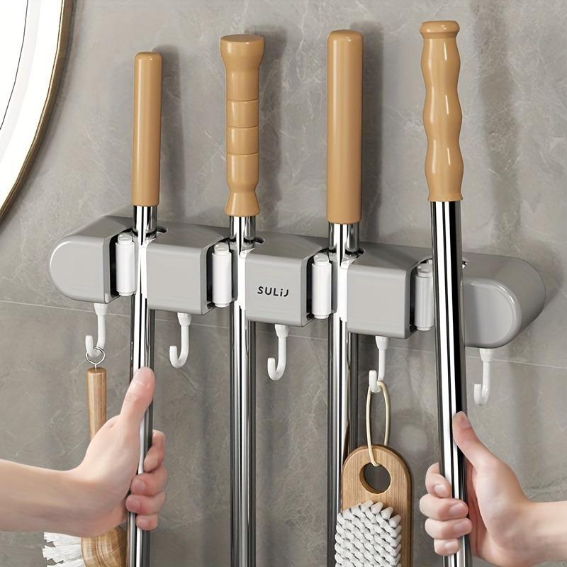 Space-Saving SULIJ 1pc Multifunctional Mop and Broom Rack, Wall-Mounted Storage Organizer with Easy Install Shelves for Toilet and Bathroom