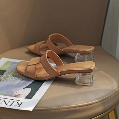 Retro Half-drag Sandals Internet Celebrity Slippers Women Summer Ins2025 New Wear Soft Leather Thick Heel Square Head Open-toed Sandals