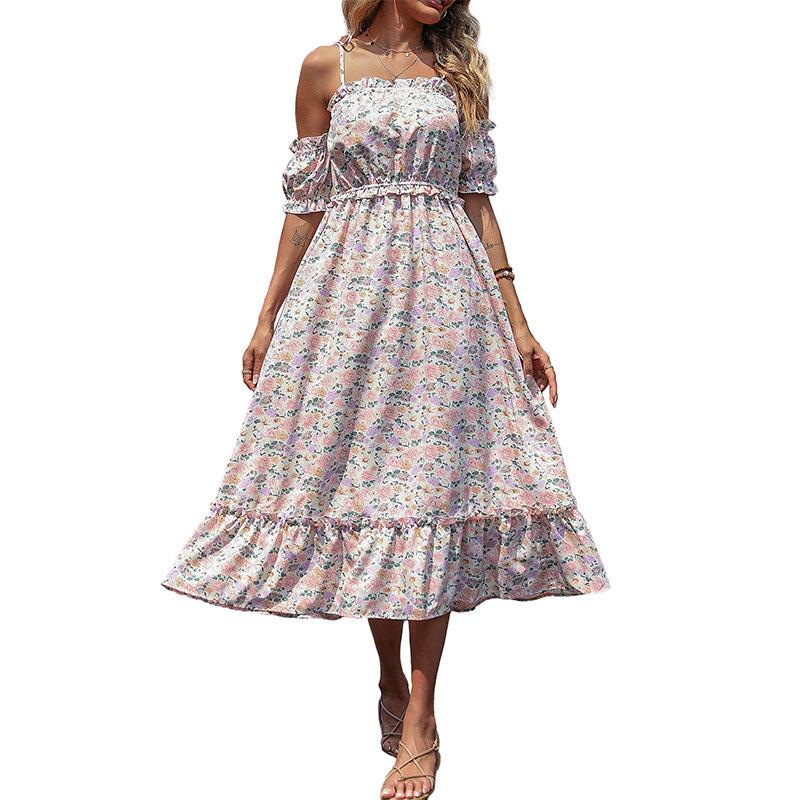 Summer new sweet girl wind lotus leaf edge floral shoulder dress