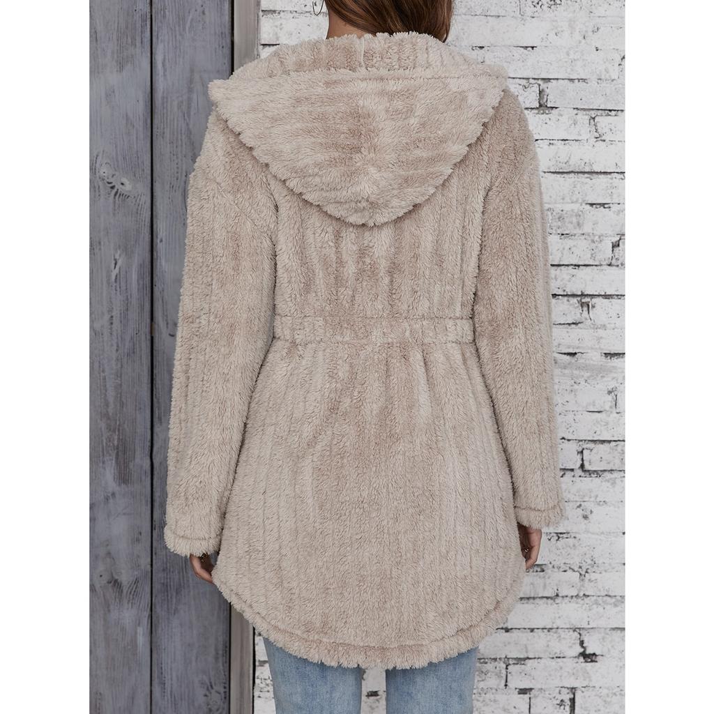 QICED Autumn and Winter Thickened Plush Striped Embossed Button Cardigan Hooded Jacket