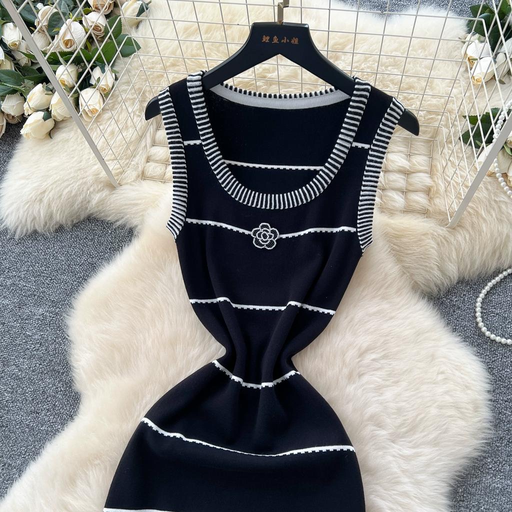 Summer Women Casual Black Sleeveless Striped Long Maxi Knitted Sweater Dresses