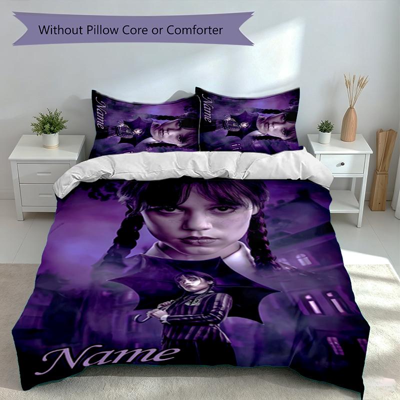 3pcs Custom Name Wednesday Addams Bedding Set,Includes 1 Duvet Cover and 2 Pillowcases,All-season Bedroom Decor