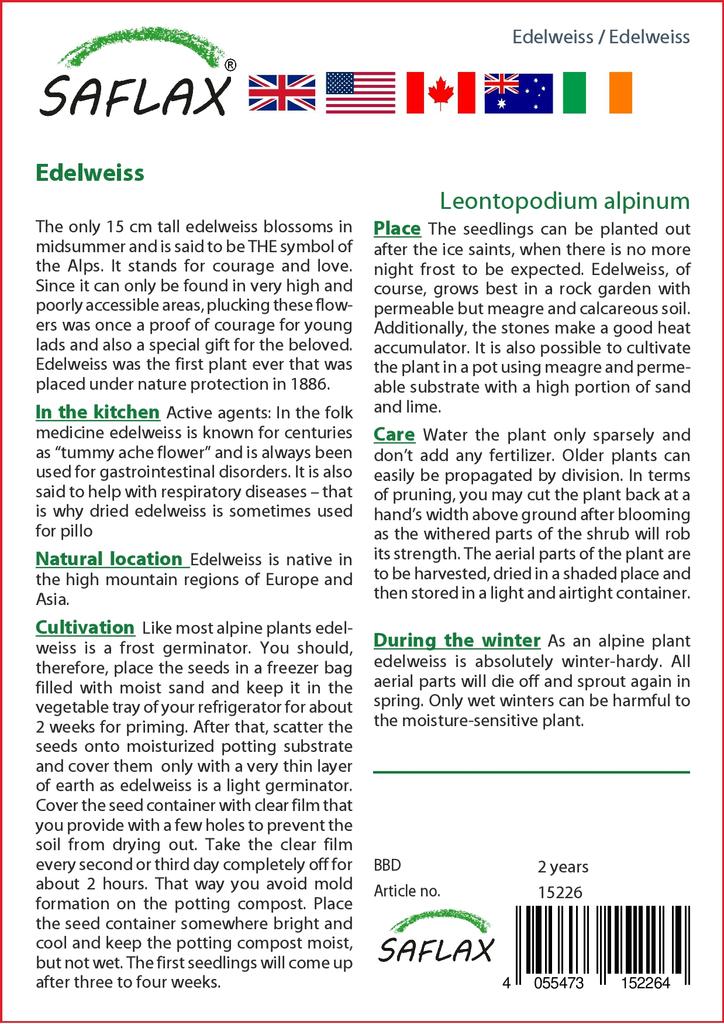 SAFLAX Garden In the Bag - Edelweiss - 500 Seeds - With Substrate In a Fitting Stand Up Bag - Leontopodium Alpinum