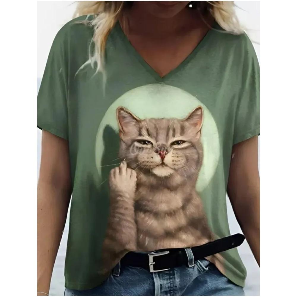 Summer V-neck Funny Cat Pattern 3D Printed Top Fashionable Casual Short Sleeved Women's T-shirts