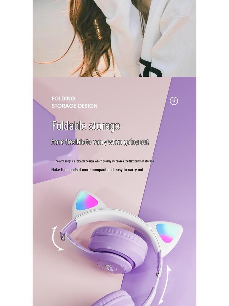 Sky Blue Cat Ear Bluetooth Headphones with Breathing Light