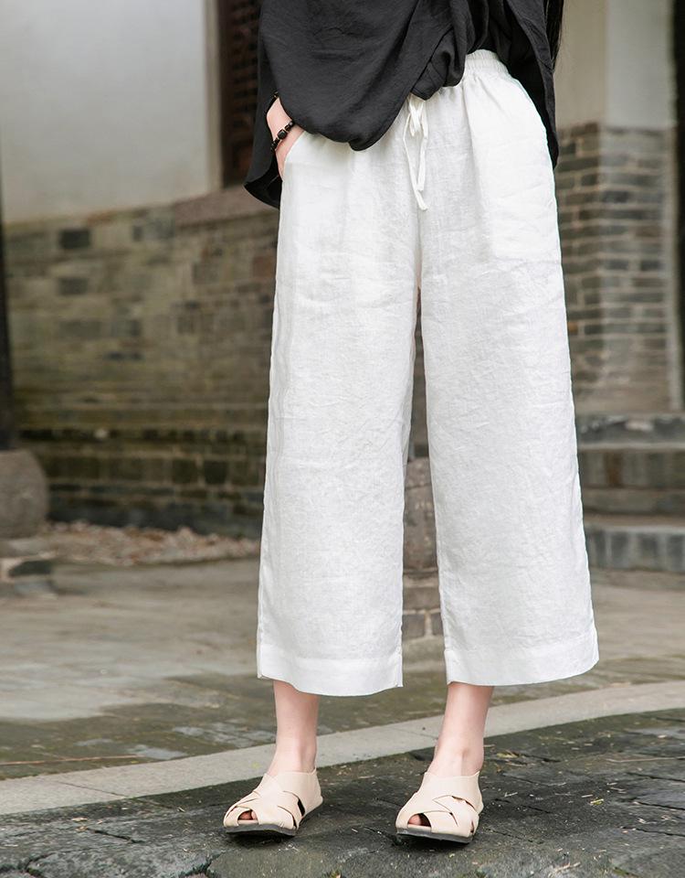 Women's Summer Cotton Linen Wide-Leg Pants - Versatile, Slimming, Nine-Point