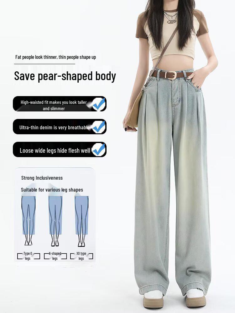 Korean Style High Waist Wide Leg Jeans - Women's Retro Pleated Loose Straight-Leg Pants for Spring & Autumn