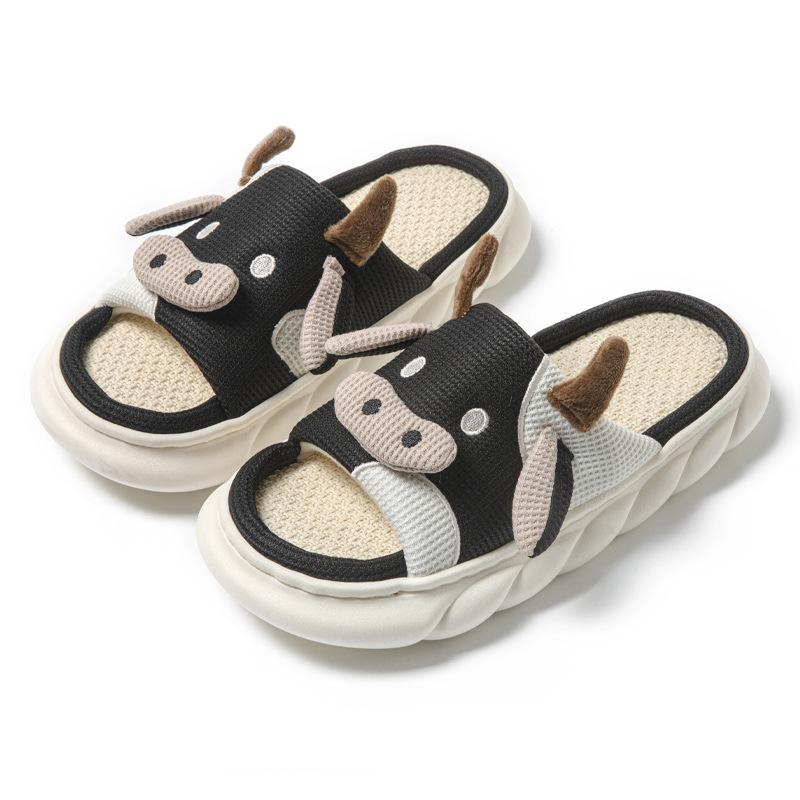 Universal Cow Print Linen Slippers: Cute, Non-Slip, Odor-Proof, Four Seasons, Thick Sole