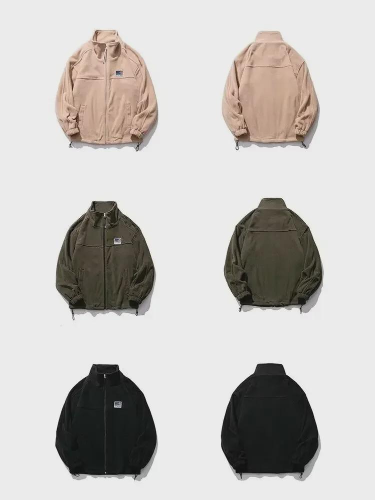 Men's Japanese Retro Stand Collar Warm Fleece Jacket - Non-Pilling, Zippered, Lamb Fleece Lining for Autumn/Winter.