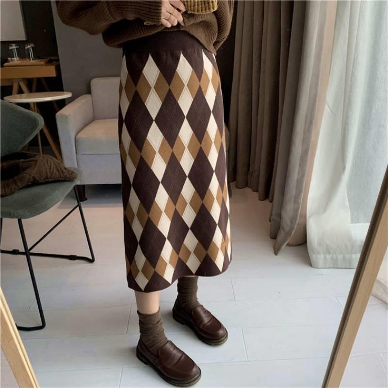 Diamond Grid Knitted Half Skirt for Women Autumn and Winter High Waisted Half Skirt for Winter