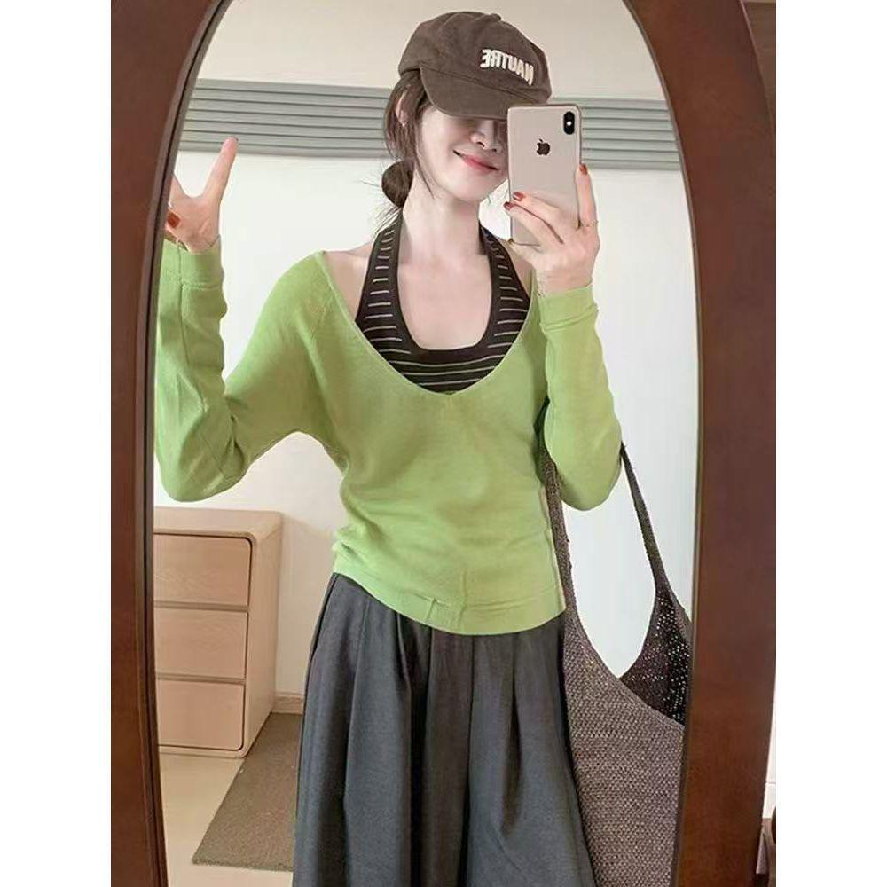 

Sweet & Spicy Layered Set: Striped Halterneck Vest & V-Neck Long-Sleeved Top for Women - Versatile, Comfortable, Slim-Fit, Spring/Autumn Fashion. Extra Large