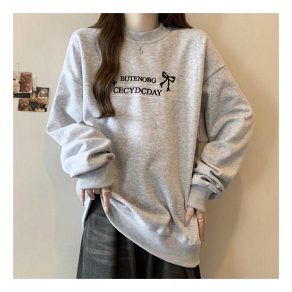 Navava Long Sleeve Sweatshirt With Ribbon Lettering Round Neck Nt1895