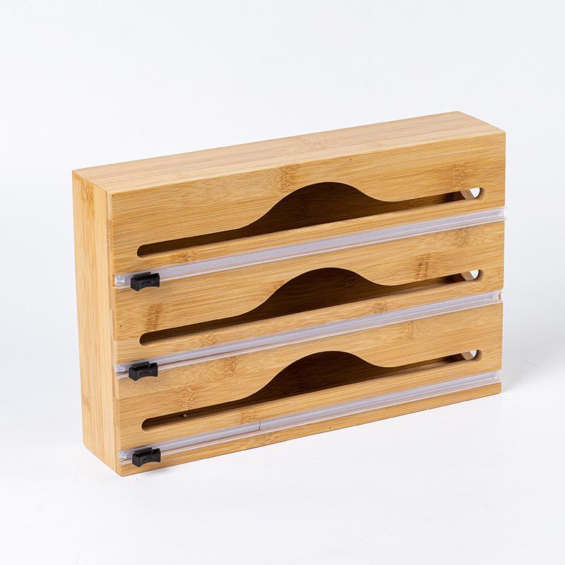 Wall-Mounted Bamboo Foil & Cling Film Cutter with Storage Compartments and Slide Knife