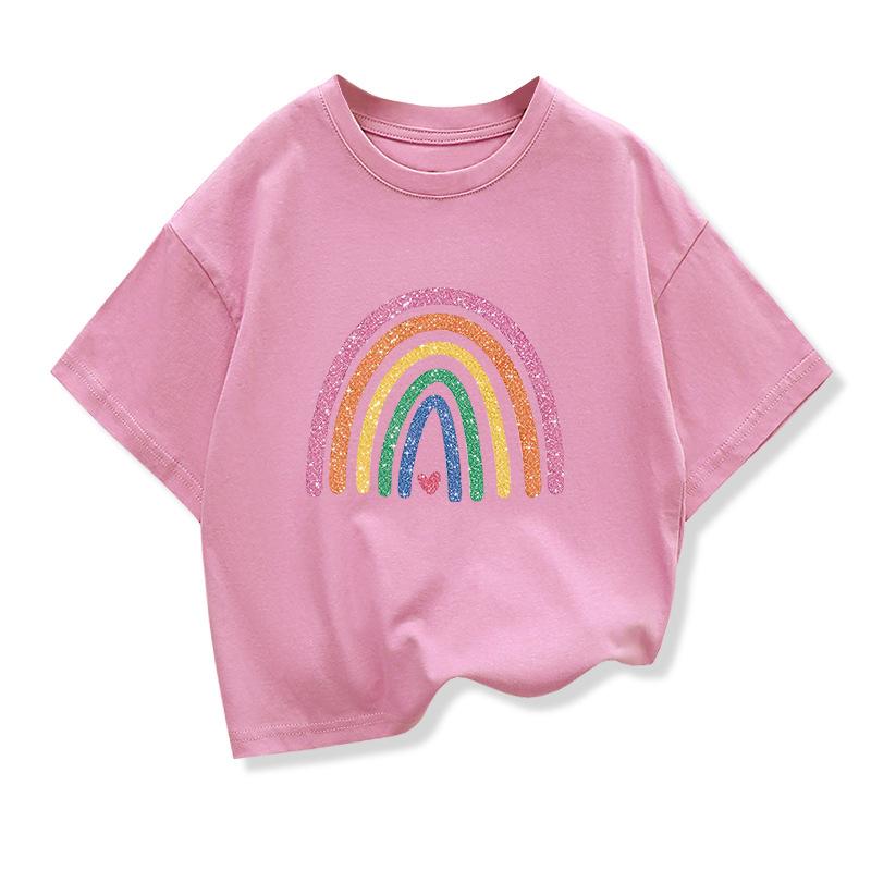 Baby Girl Summer White Clothes Kid Girls Casual Rainbow Printed Tshirts Children Fashion Crew Neck Short Sleeve Top