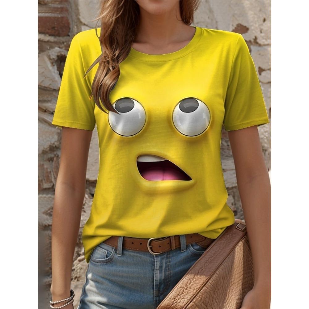 3D Printed Fun Expression Pattern Women s T-shirt Summer Casual Round Neck Daily Short Sleeve M