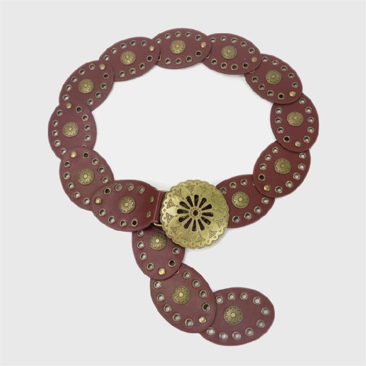 Comfortable Round Disk Waist Belt For Women PU Leather Strap With Ethnic Motifs Everyday Wear