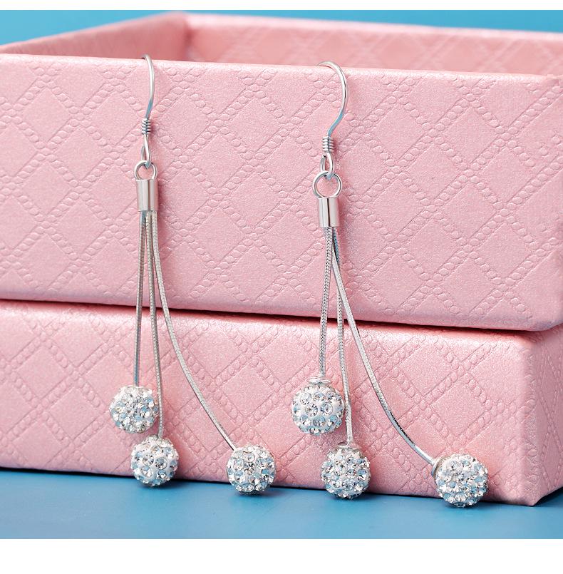 925 Sterling Silver Slim Long Tassel Rhinestone Ball Earrings for Women - Korean Fashion Dangle, Elegant & Versatile