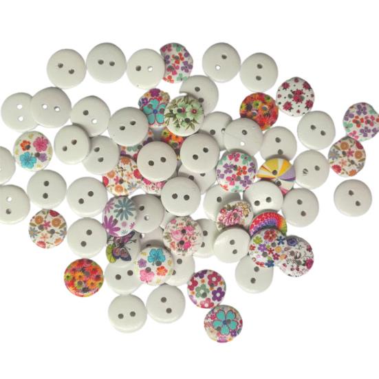 100Pcs Flower Print Wood Buttons 2 Holes Scrapbook Clothing Sewing DIY