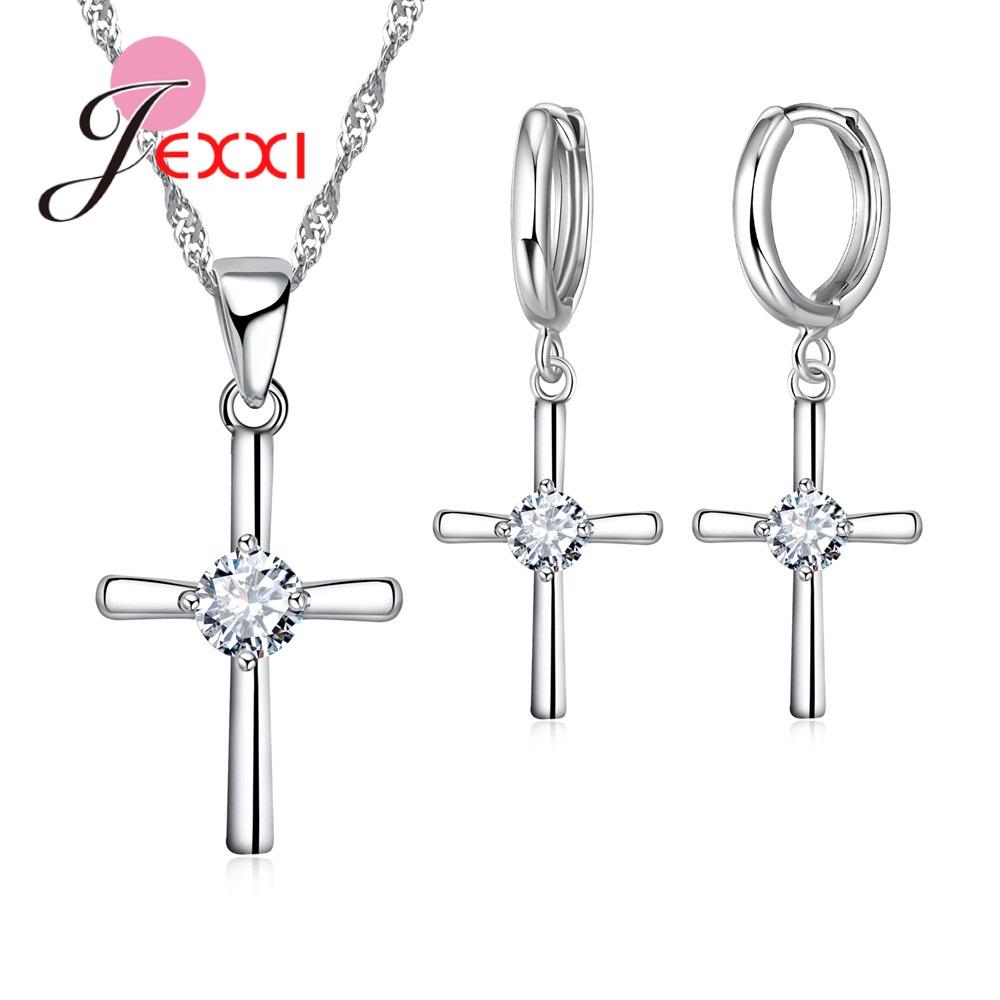 925 Sterling Silver Jewelry Set With Cross Shape White Crystal Pendant Necklace Hoop Earring Sets For Women Wedding Party