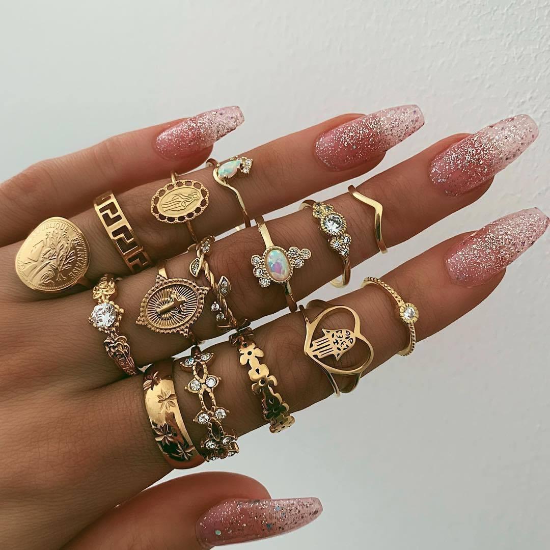 

15 Pcs/set Women Fashion Rings Vintage Coin Joint Ring Gold Cross Pattern Heart Ring Set золотой