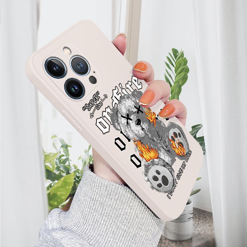 Fashion Cool Flame Bear Phone Case for iPhone 15 14 13 12 11 Samsung Galaxy A12 A52 S24 S23 Xiaomi POCO Redmi Soft Square Liquid Silicone Cover